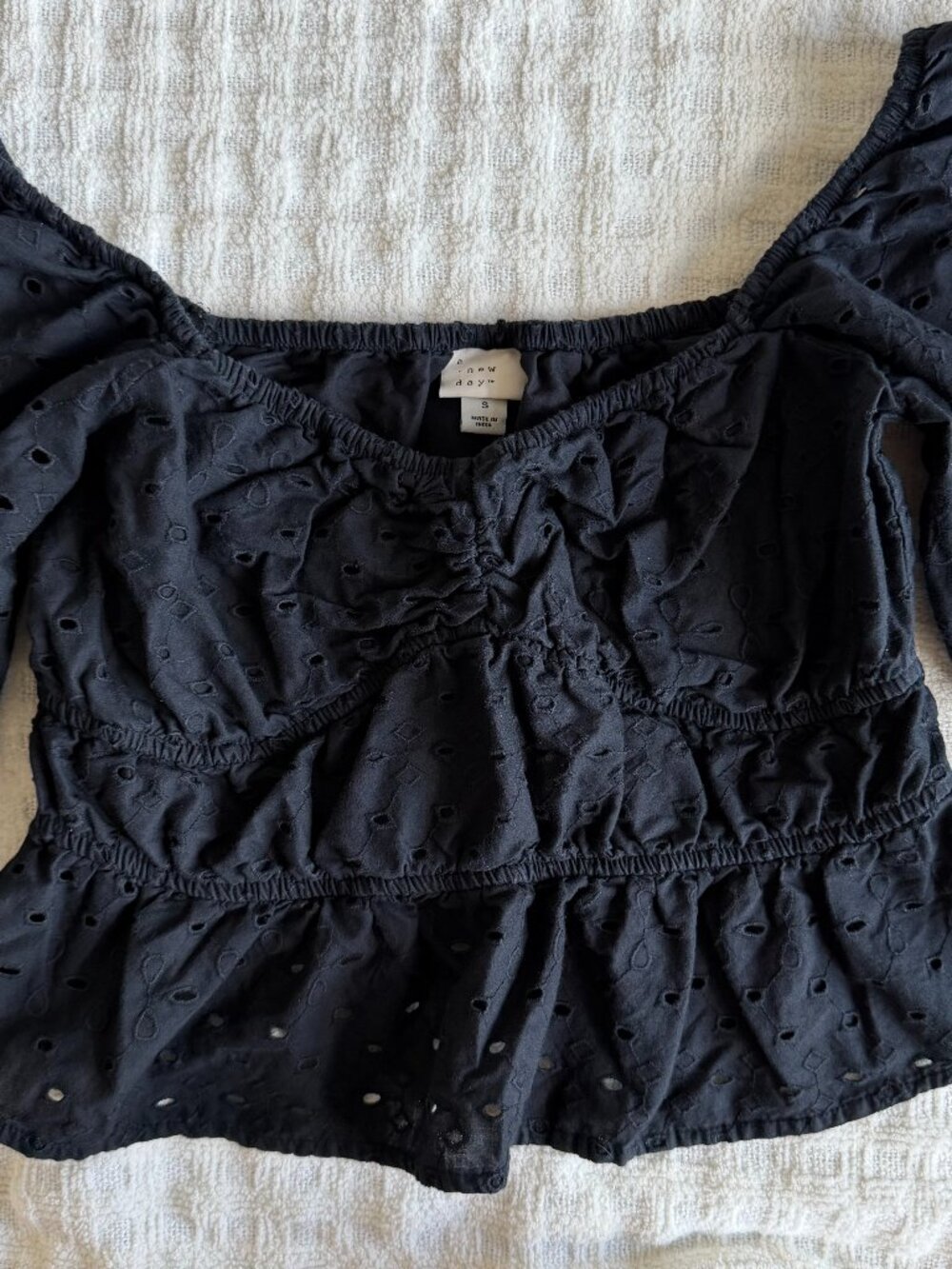 A New Day Black Eyelet Puff Sleeve Blouse Top Size S
